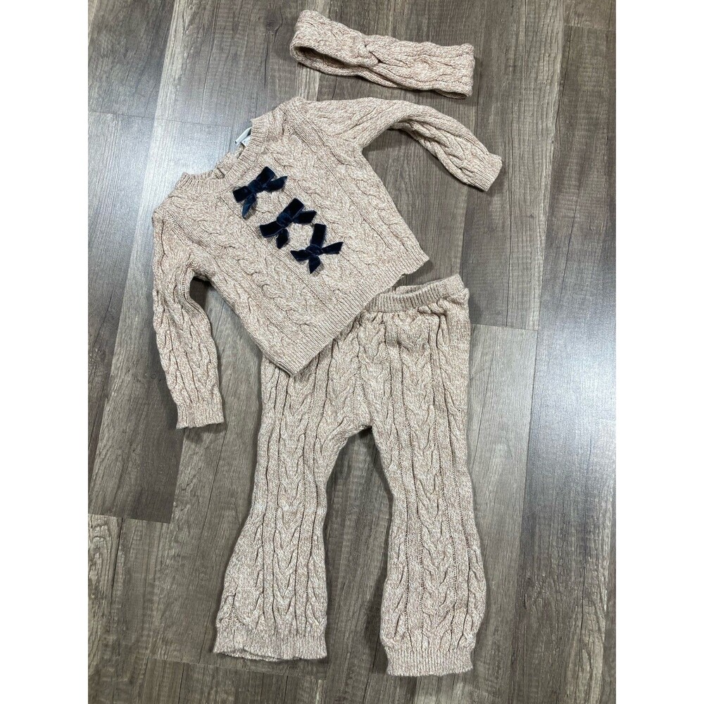 Cable Knit Sweater 3 Pc Outfit Tan Black Bows Baby Girl 18 Mo 100% Cotton